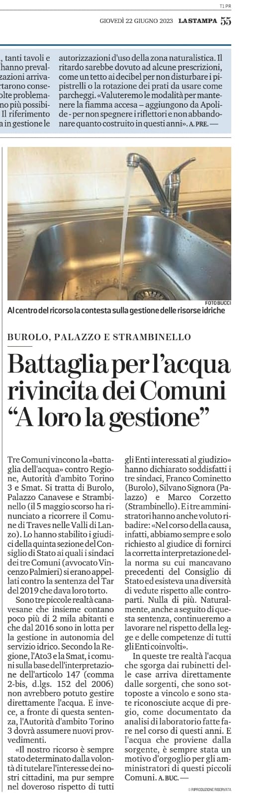 Tre Comuni vincono la "battaglia dell'acqua" contro Regione, Autorità d'ambito Torino 3 e Smat